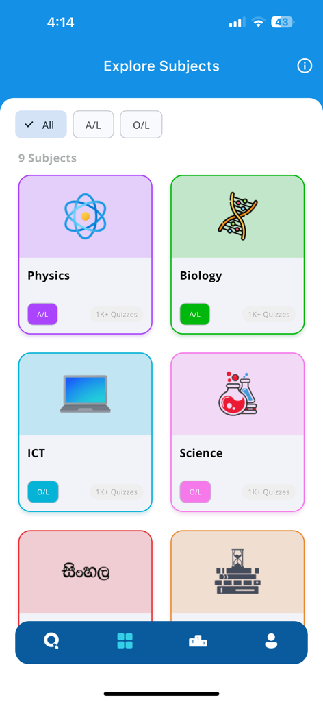 QuizUp - Sri Lanka - A mobile app screen titled Explore Subjects showing educational categories like Physics Biology ICT and Science for AL and OL levels