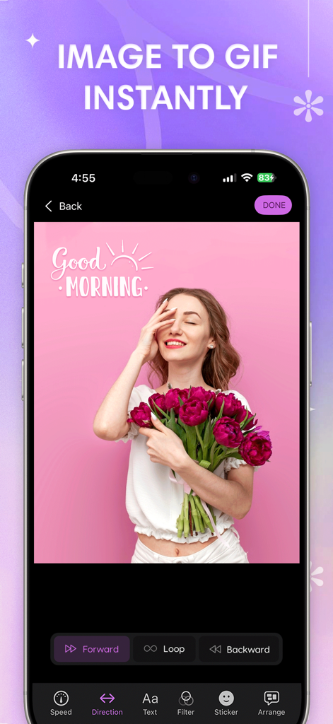 GIF Maker : Video Maker - A smartphone screen displaying the GIF Maker app interface for converting photos into GIFs with stickers and editing tools