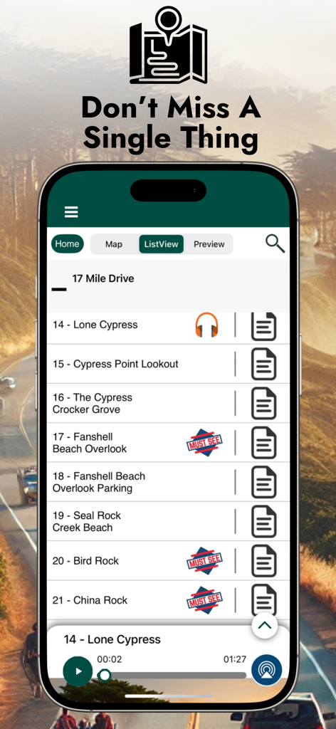 17 Mile Drive Audio Tour Guide - Mobile app interface showing a list of tour stops along 17 Mile Drive with audio playback controls