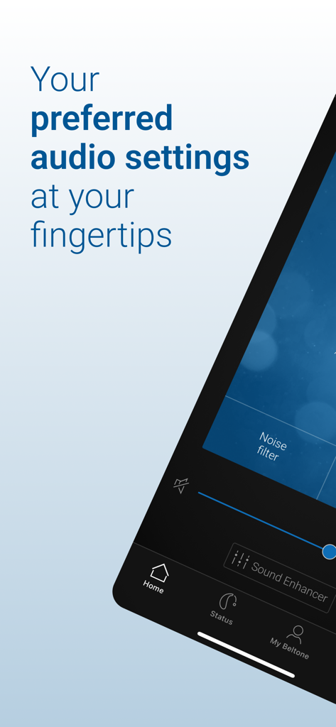 Beltone HearMax - Interfaz de la aplicación Beltone HearMax para ajustar la configuración de audio del audífono y los filtros de ruido