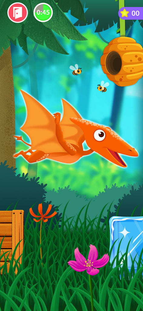 Orange pterosaur flying through a cartoon jungle with bees and a beehive