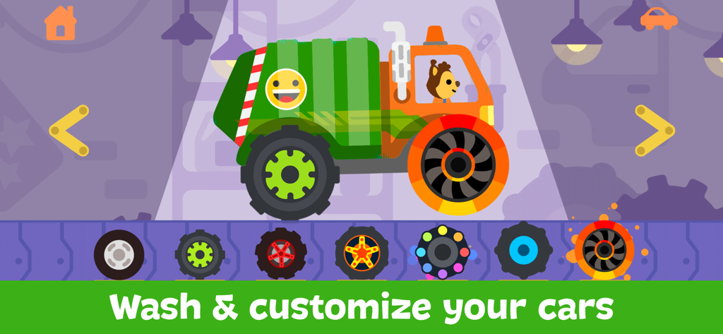 Ein bunter grüner Müllwagen, der in einer Werkstatt für Kleinkinder mit verschiedenen Radoptionen angepasst wird