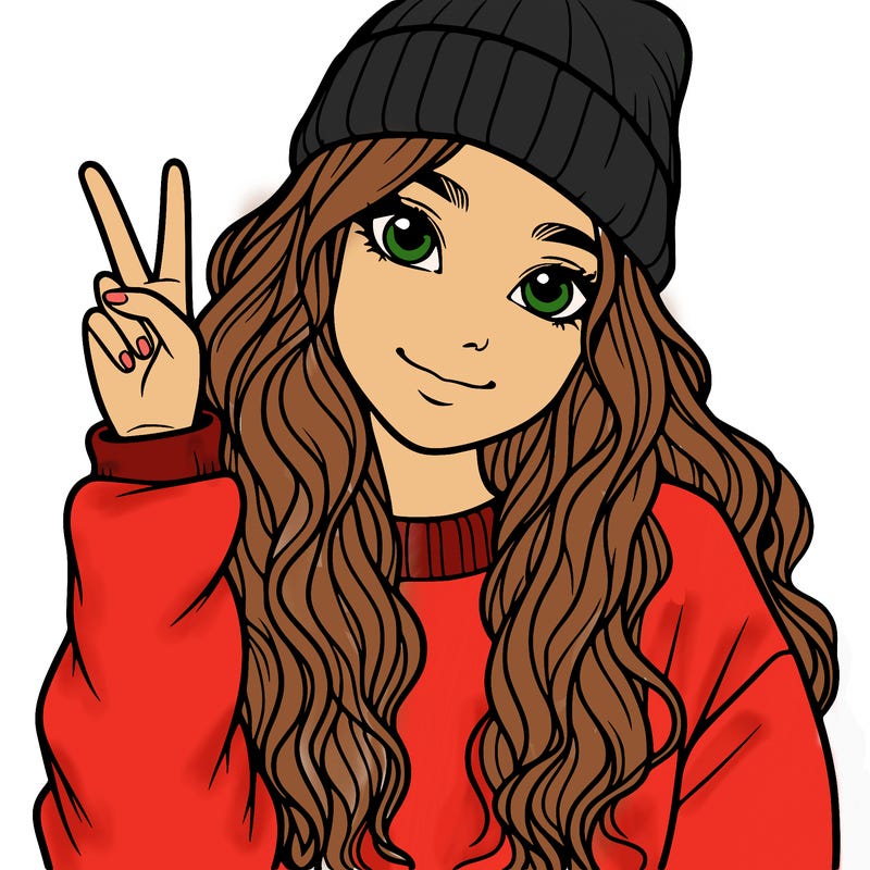 a teenage girl in a beanie, oversized sweatshirt, wavy long hair, and is showing a ✌️