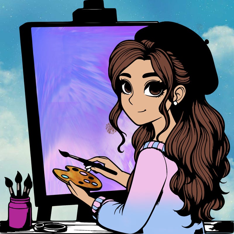 realistic girl artist painting a blank canvas