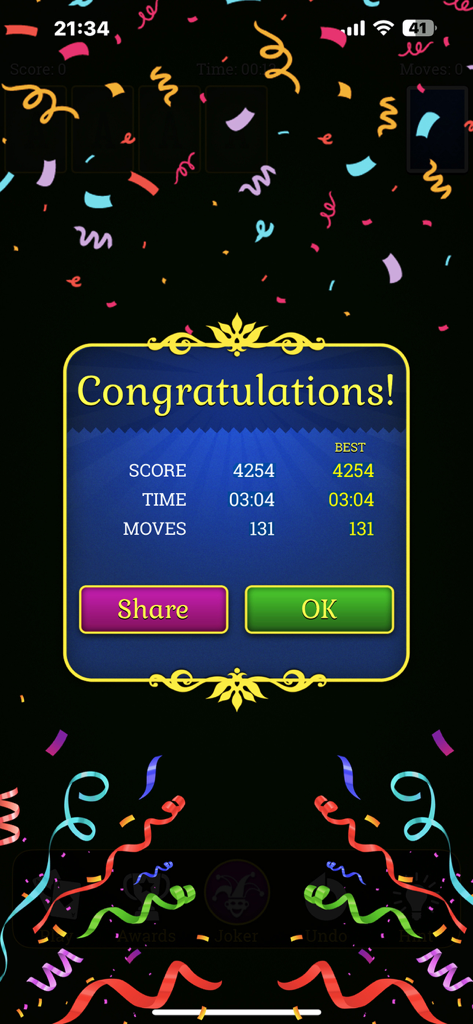 Victory screen for Solitaire game showing a congratulations message and game statistics with colorful confetti
