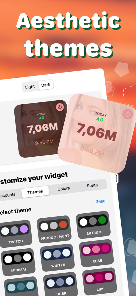 Followers Insight Widget - Pantalla de personalización de temas estéticos del Widget Followers Insight