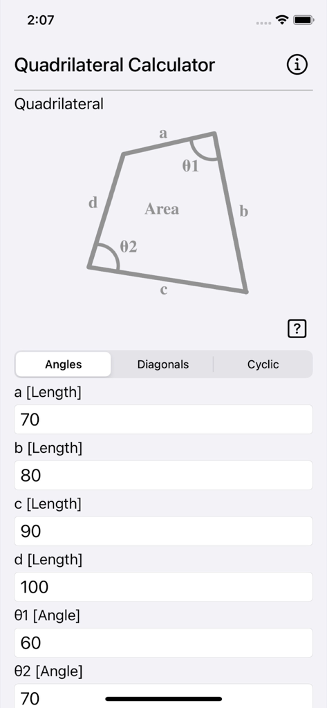 Quadrilateral Calculator mobile app interface showing input fields for four side lengths and two angles