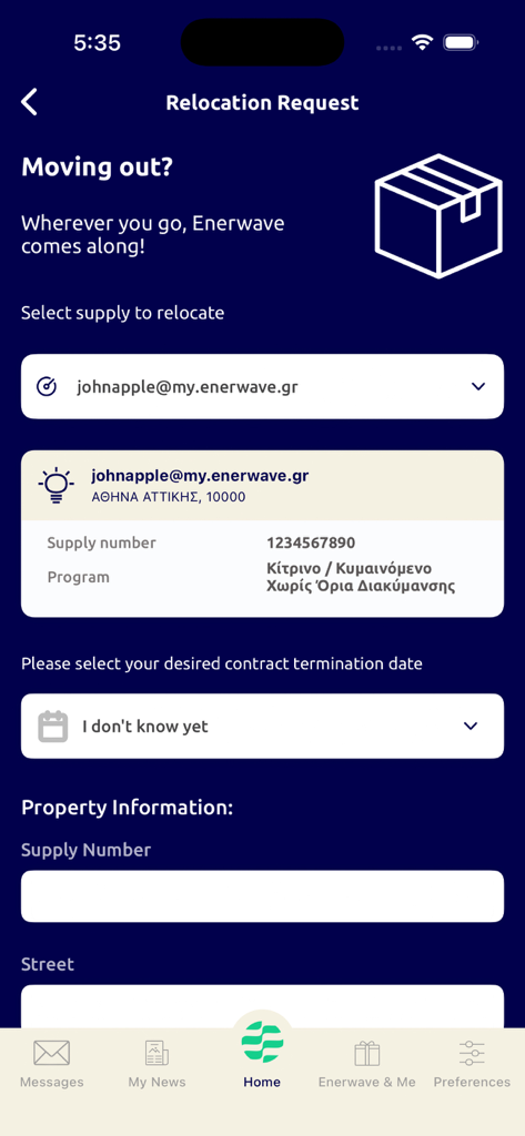 myEnerwave - A mobile screen showing the relocation request interface for a utility service including fields for moving out details and property information