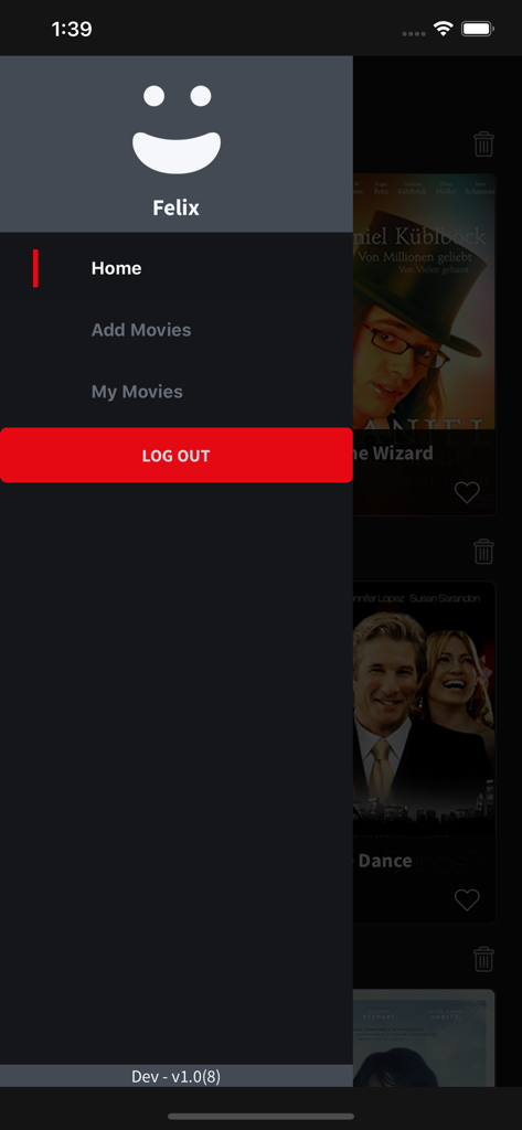 Menu de navegação lateral para o aplicativo Mis Peliculas com perfil de usuário e links para listas de filmes