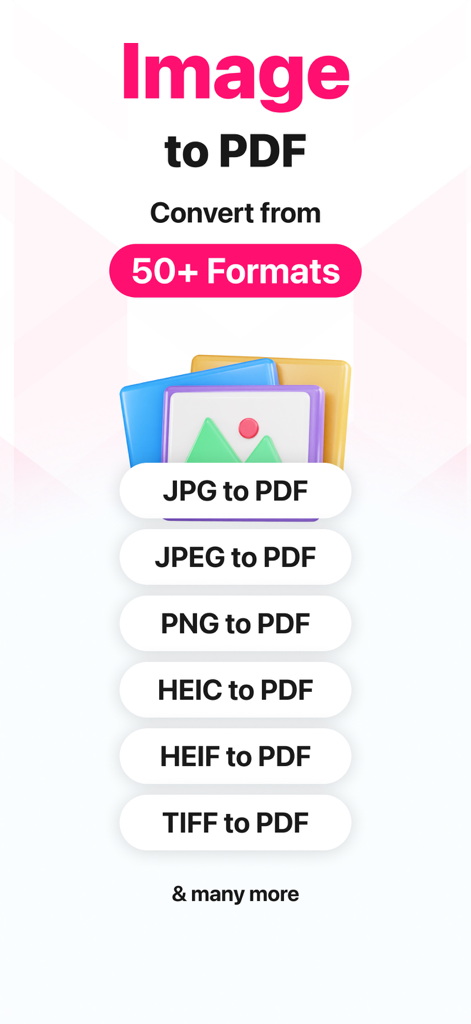 Image Converter • JPG to PDF - Bildschirm der Bildkonverter-App, der verschiedene Dateikonvertierungsoptionen anzeigt, einschließlich JPG PNG und HEIC zu PDF