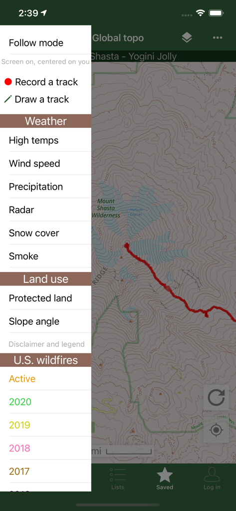 Peakbagger - Peakbagger app interface showing a topographic map with a sidebar menu for weather and wildfire data overlays