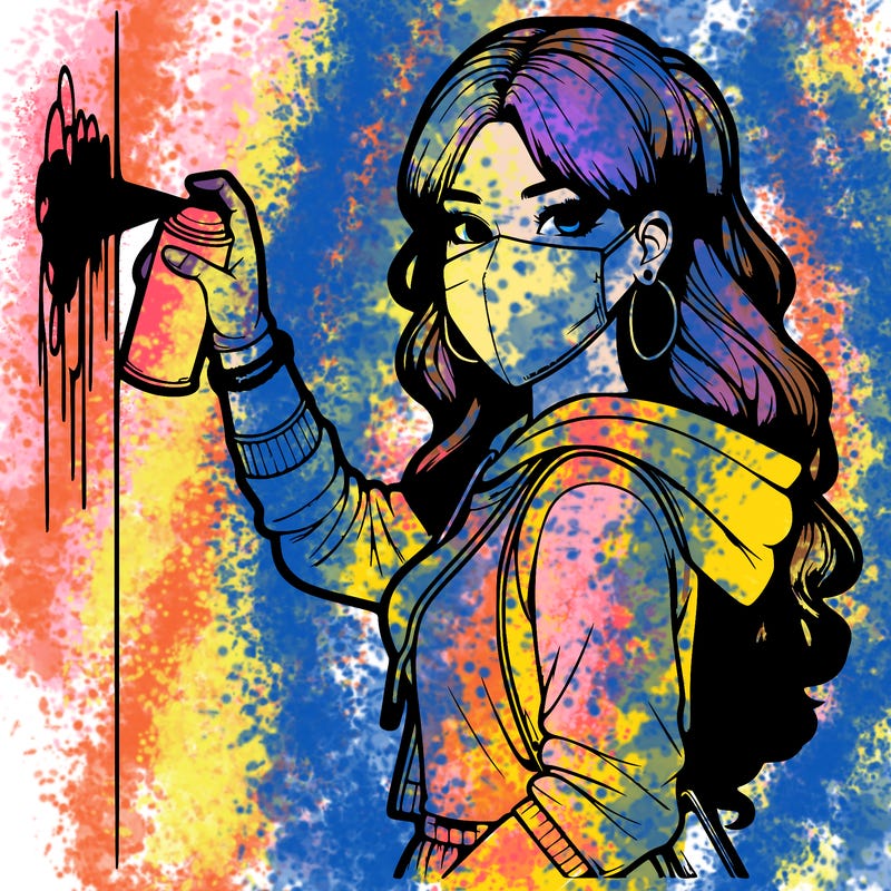 realistic girl with mask spray painting a wall