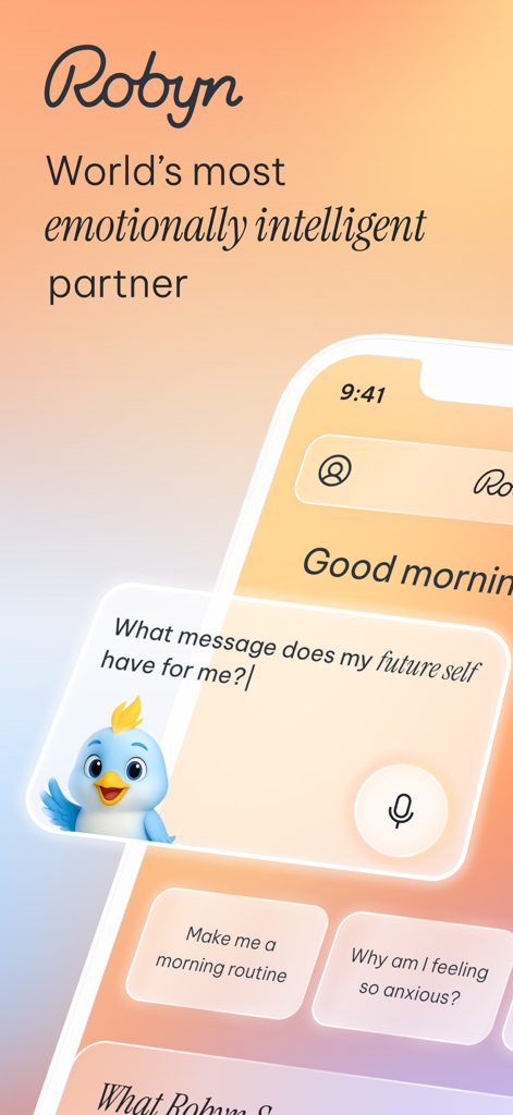 Robyn: Talk, Feel, Grow - Robyn app interface showing a friendly blue bird mascot and a prompt for emotional support