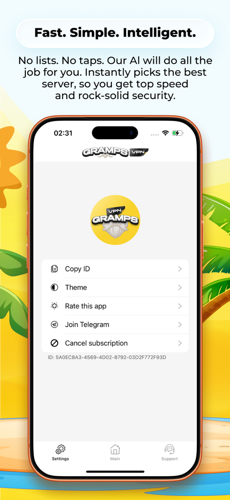Gramps VPN: Unlimited Proxy - Menú de configuración de la aplicación Gramps VPN en iPhone con fondo tropical
