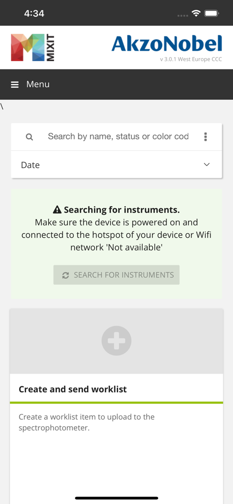 AkzoNobel MIXIT app interface showing search bar and instrument search options