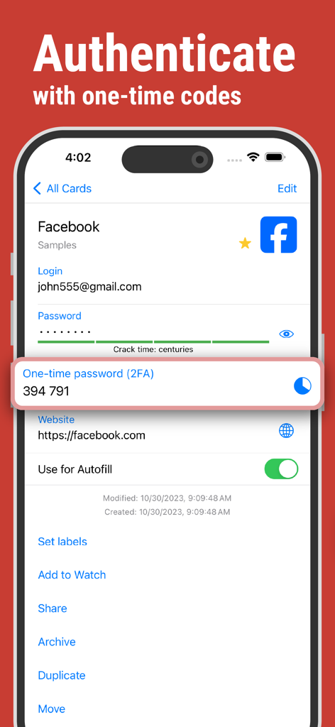 SafeInCloud app screen displaying a 2FA one-time code for account authentication