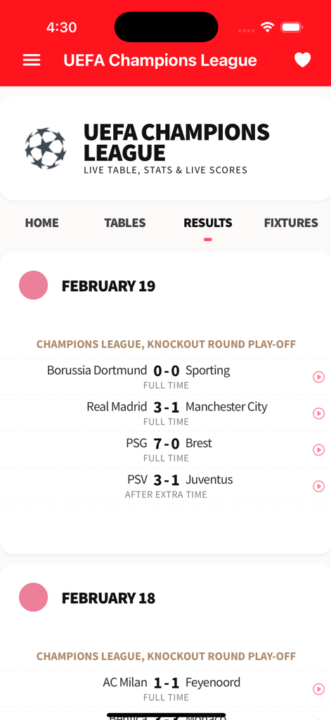 Roja Directa TV app interface displaying UEFA Champions League football match results and scores.