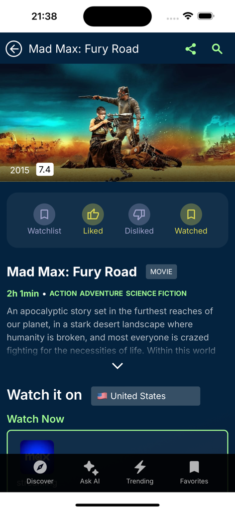 Moviewiser - Movie details screen for Mad Max Fury Road in the Moviewiser app showing streaming availability and user rating