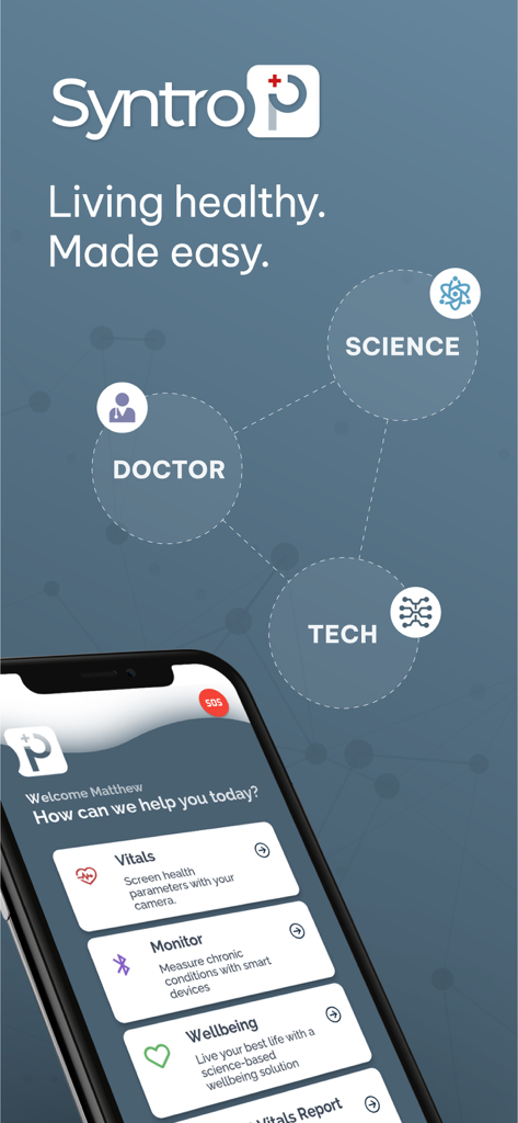 Syntro-P - Syntro-P app screen displaying vitals screening and wellbeing solutions