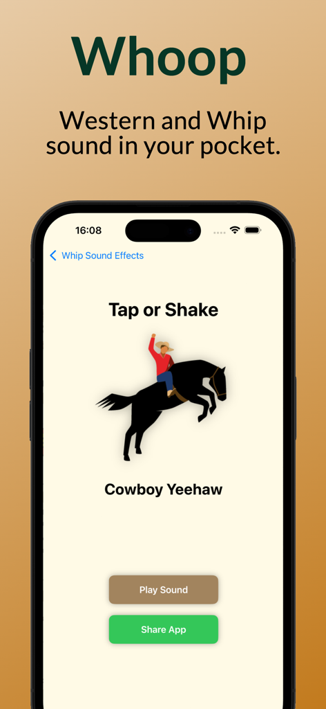 Pocket Whip - Pocket Whip app screen displaying a Cowboy Yeehaw sound effect with an illustration of a cowboy on a horse and a play button