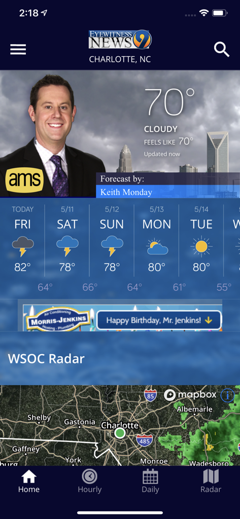 WSOC-TV Channel 9 Weather App interface with Charlotte NC forecast and radar map