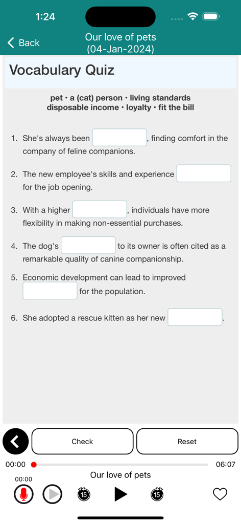 6 Minute English (+Worksheets) - A vocabulary quiz screen in the 6 Minute English app with fill-in-the-blank questions about pets and audio controls