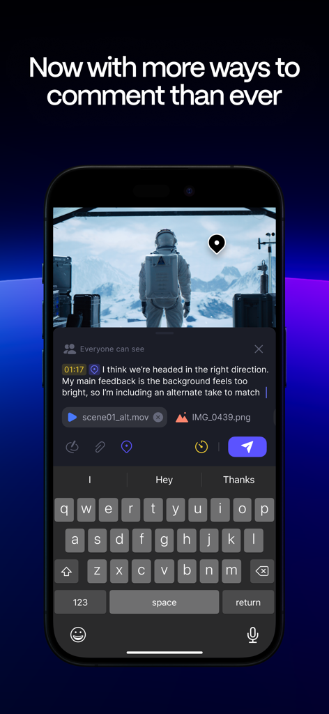Frame.io app interface showing a user adding timecoded comments and file attachments to a video review on iPhone