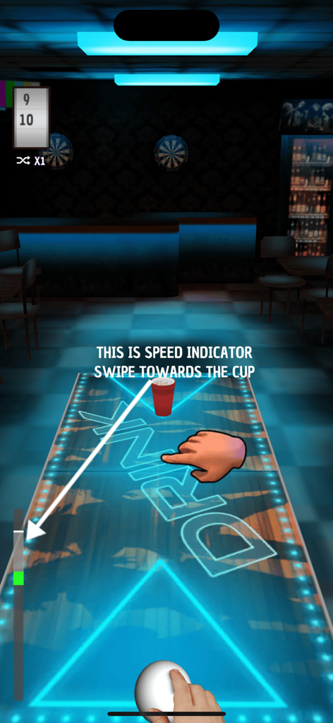 Gameplay tutorial for Beer Pong Trickshot showing swiping instructions and a speed indicator.