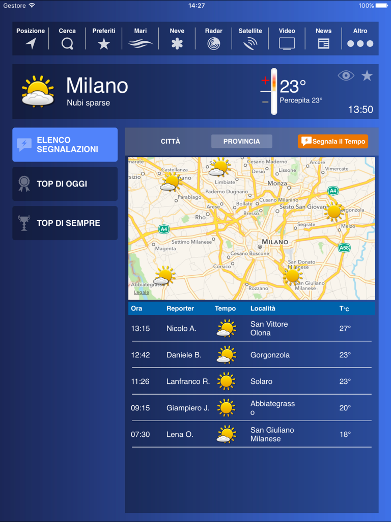 Interfaccia dell'app iPad Meteo HD Plus che mostra previsioni meteo e mappa per Milano