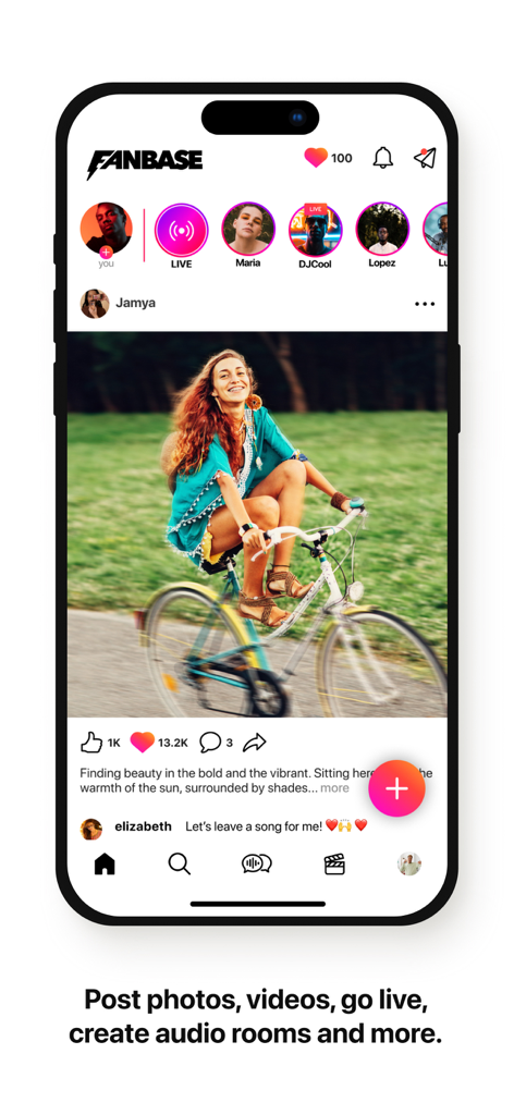 A mobile interface of the Fanbase app showing a social feed with a photo of a woman on a bicycle, stories, and navigation icons for creator tools.