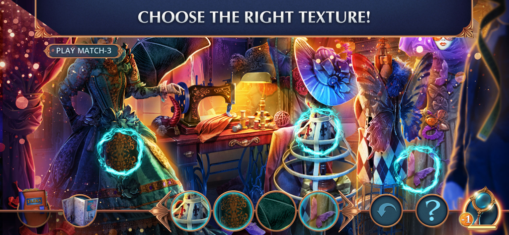 Texture matching mini game featuring fantasy masquerade costumes and a sewing workshop