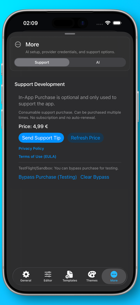 Neon Vision Editor - Página de desarrollo de soporte en la aplicación móvil Neon Vision Editor que muestra un botón de propina