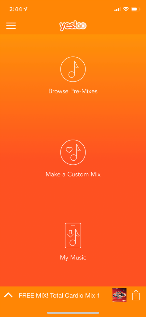 Yes!GO - Yes!GO mobile app home screen with menu options for pre-mixes, custom mixes, and saved music