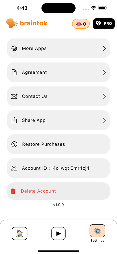 Brainrot Study Video: Braintok - Braintok app settings screen with account and support options