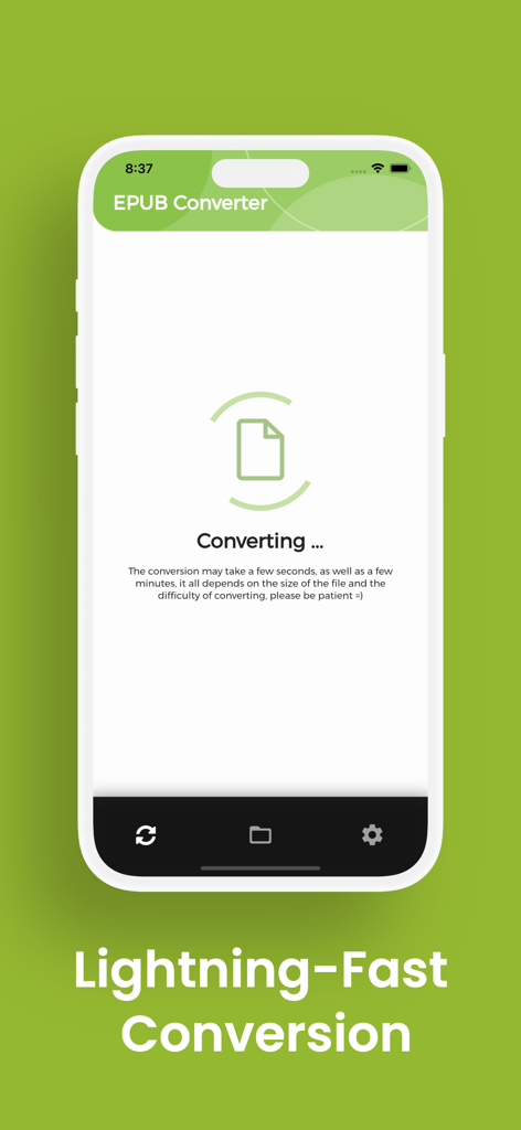 EPUB Converter, EPUB to PDF - Mobile app interface of EPUB Converter showing a lightning fast file conversion in progress