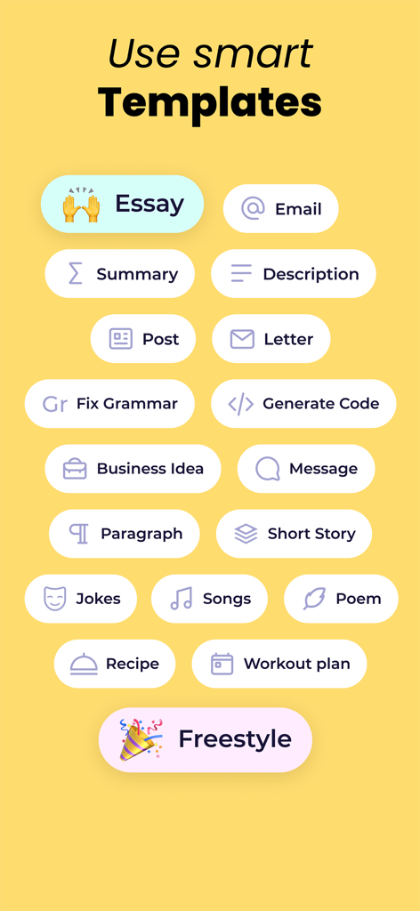 AI Writer - Essay Writing App - Interfaccia dell'app di scrittura AI che mostra modelli intelligenti per saggi, email e generazione di codice