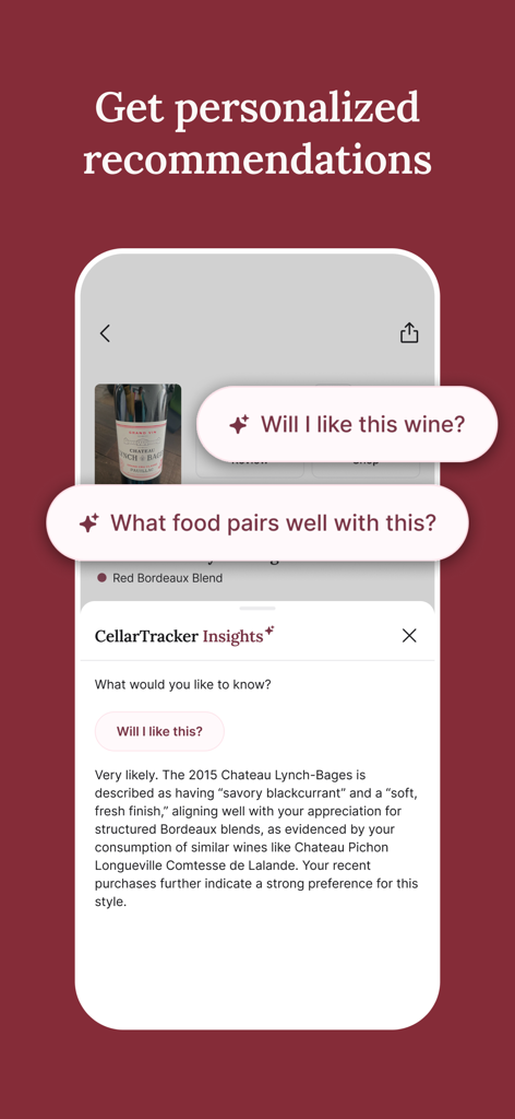 CellarTracker app interface showing personalized AI wine recommendations and taste profile analysis.