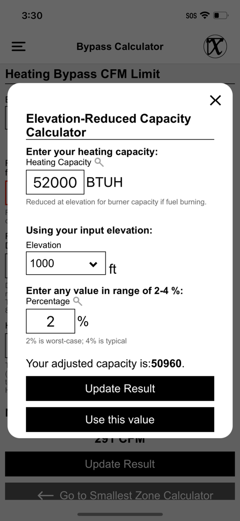 Elevation-reduced heating capacity calculator interface in the Mean HVAC BS Tools app