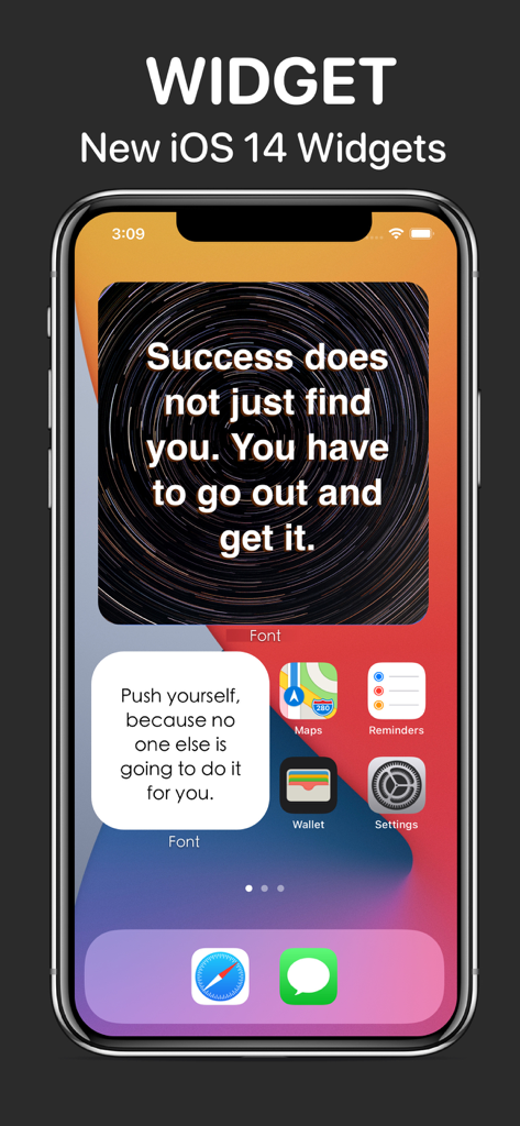 Fonts - keyboard Font Maker - iPhone home screen displaying custom font widgets with motivational quotes