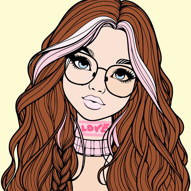girl with long hair and freckles and glasses realistic