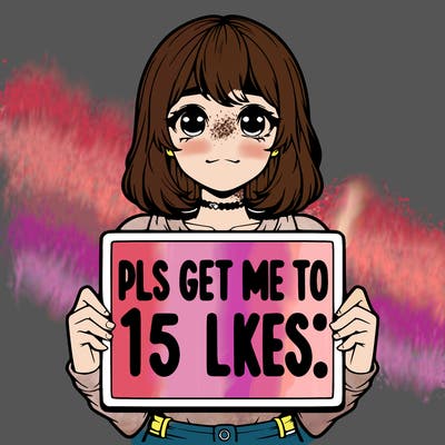 realistic girl holding up a sign that says “pls get me to 15 likes!”
