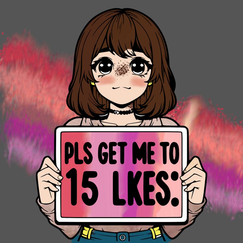 realistic girl holding up a sign that says “pls get me to 15 likes!”