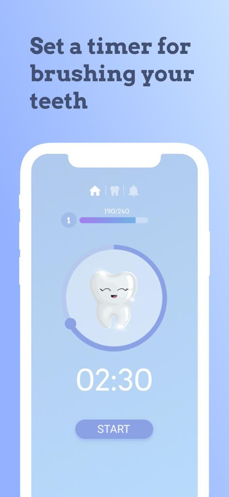 Toothie: Toothbrush Timer App - Toothie app interface showing a toothbrushing timer set for two minutes and thirty seconds with a cute cartoon tooth character