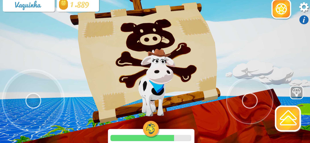 Eine Cartoon-Kuh mit Cowboyhut auf einem Piratenschiff im Spiel Fazendinha Santa Clara