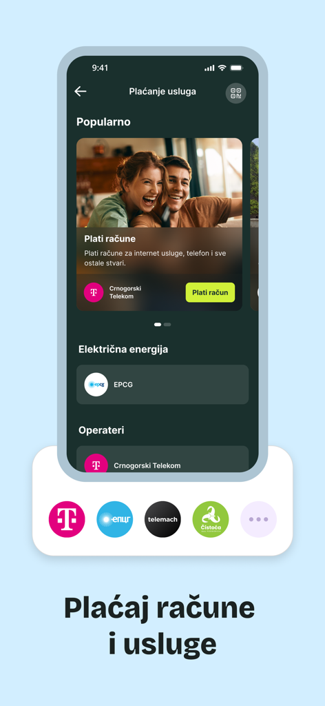 Pantalla móvil que muestra la interfaz de la aplicación Presto para pagar facturas y servicios públicos en Montenegro.