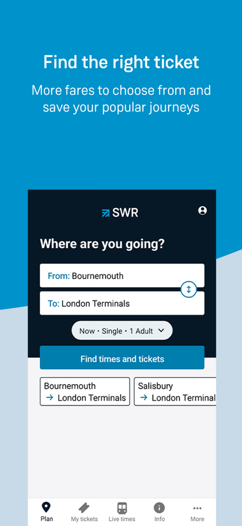 South Western Railway - O ecrã do planeador de viagens da aplicação South Western Railway mostrando uma pesquisa de Bournemouth para Londres.
