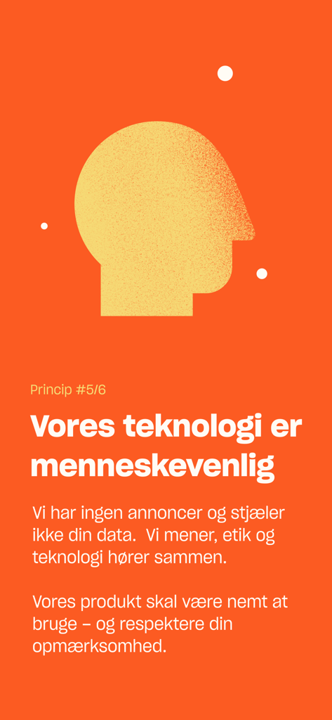 Zetland - Una schermata minimalista arancione dall'app Zetland con una silhouette gialla di una testa umana e testo sulla tecnologia etica e a misura d'uomo.