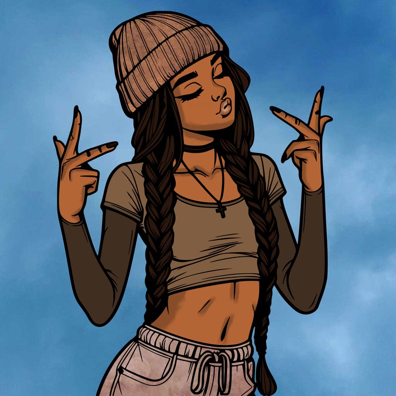 realistic teenage girl with braids and a beanie and crop top doing 🫶🏼