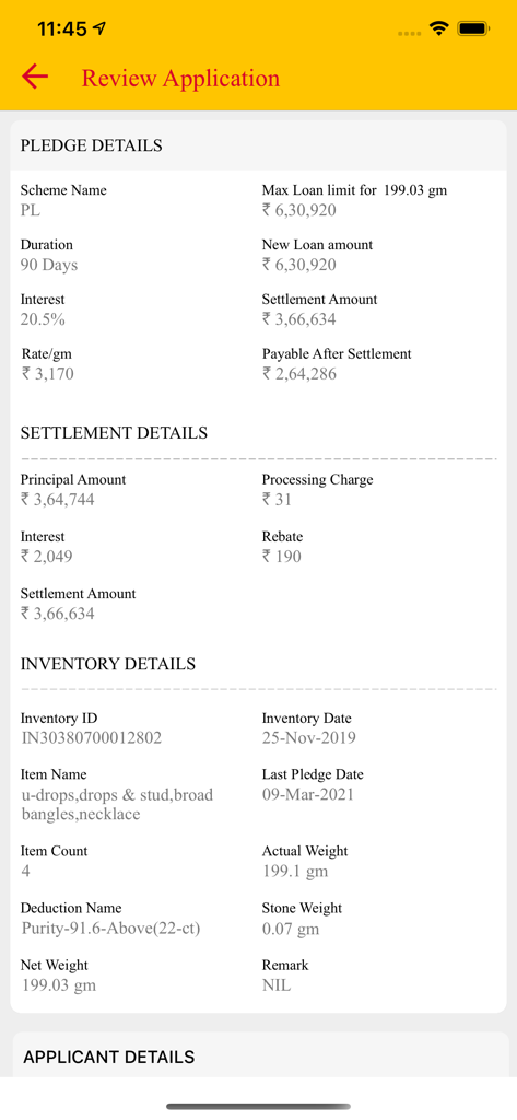 Manappuram OGL Lite app screen showing gold loan application review with pledge settlement and inventory details
