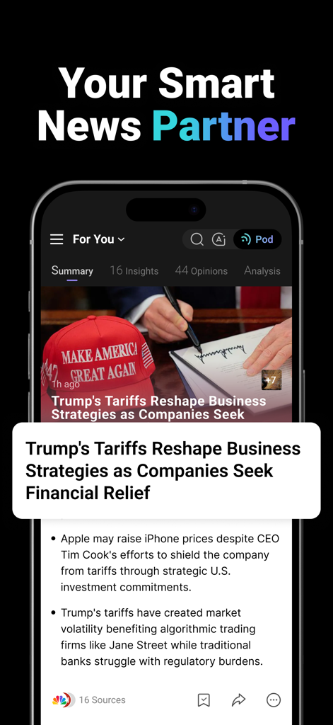 NewsBang app displaying a smart news summary with AI-generated bullet points and insights on a mobile screen.